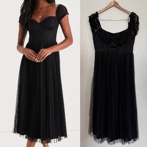 NWOT Cute Purpose Black Mesh Swiss Dot Puff Sleeve Bustier Midi Dress